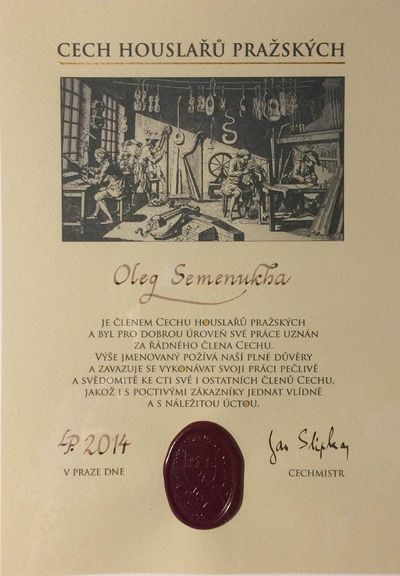 Certificate of the Prague Guild of Violin Makers, 2014.