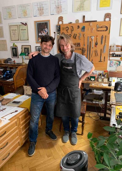 With master violin maker Jan Špidlen in his Prague workshop.