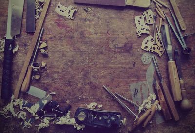 Table of the luthier's tools in Oleg Semenukha's workshop